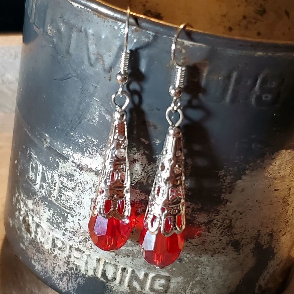 Hand Crafted Caged Filigree Faceted Red Crystal Silver Teardrop Earrings